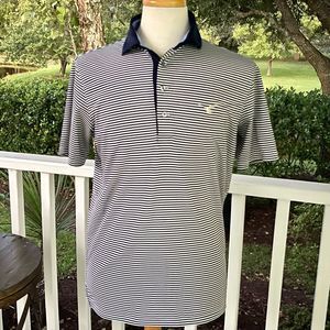 Greyson Performance Polo Shirt. Navy/White stripe pattern. Medium.